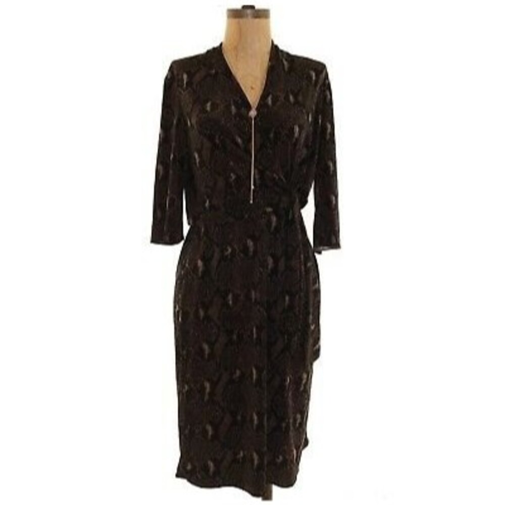 Tahari Faux Wrap Dress Size S 3/4 Sleeve Stretch Animal Print Black EUC B70